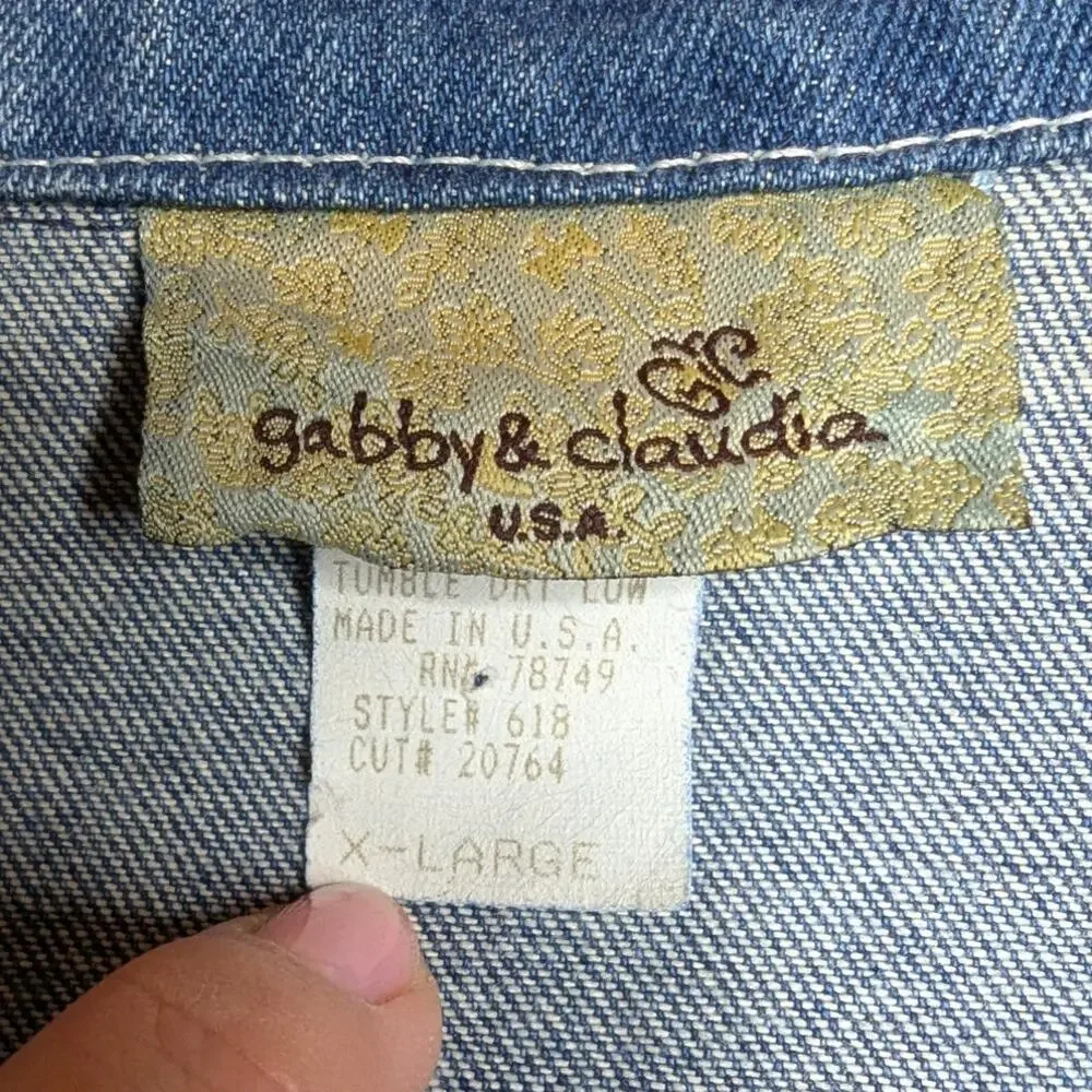Vtg Y2K Gabby & Claudia Blue Denim Rhinestone Embellished Zip Up Jacket XL